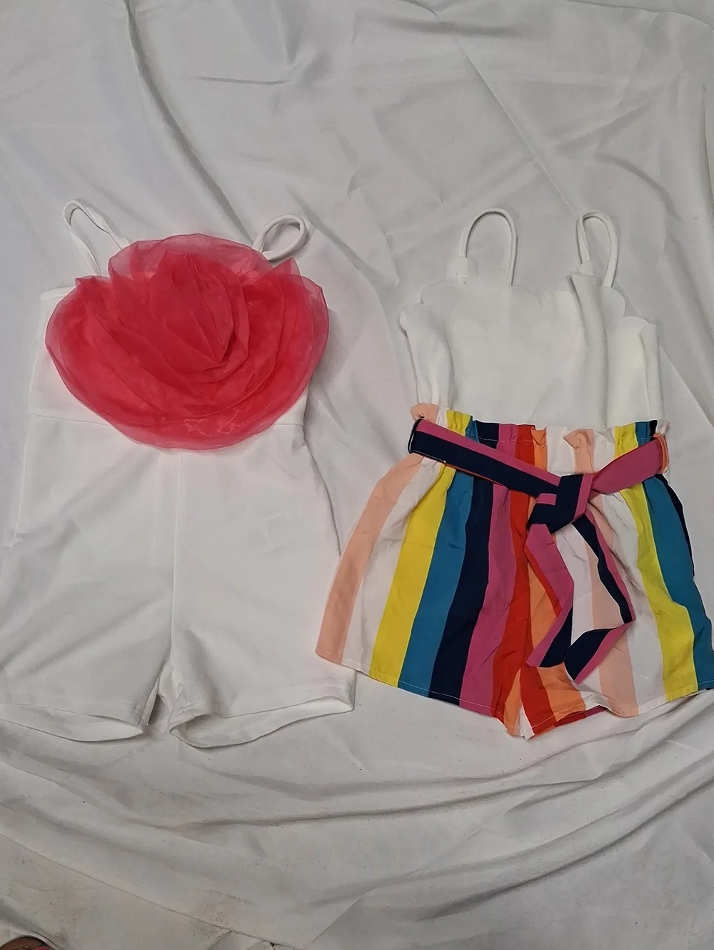 Girls 5T White Romper with Pink Rosette & Rainbow Stripe Romper Set